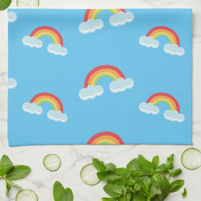 Cute Rainbow with Clouds Pattern Tea Towel (Folded)
