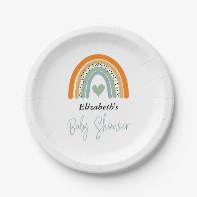 Cute Rainbow With Heart Boy Baby Shower Paper Plate (Front)
