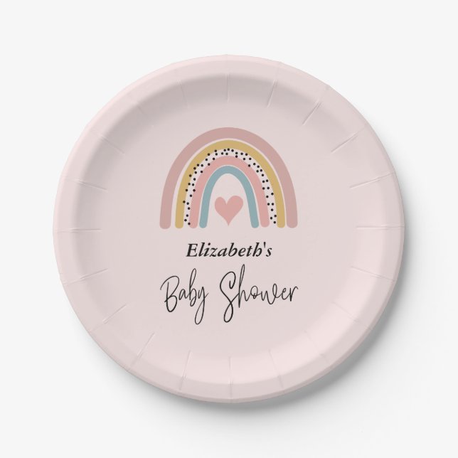 Cute Rainbow With Heart Girl Baby Shower Paper Plate (Front)