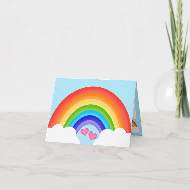 Cute Rainbow With Pink Hearts and Clouds Note Card (Front)