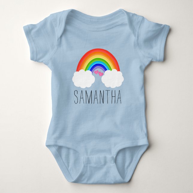 Cute Rainbow With Pink Hearts and Name Baby Bodysuit (Front)