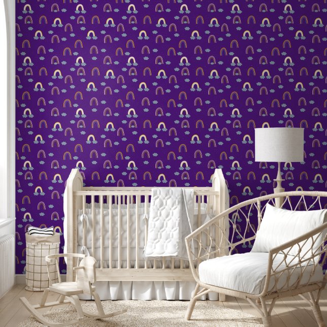 Cute Rainbows & Clouds Royal Purple Baby Nursery Wallpaper (Kids)
