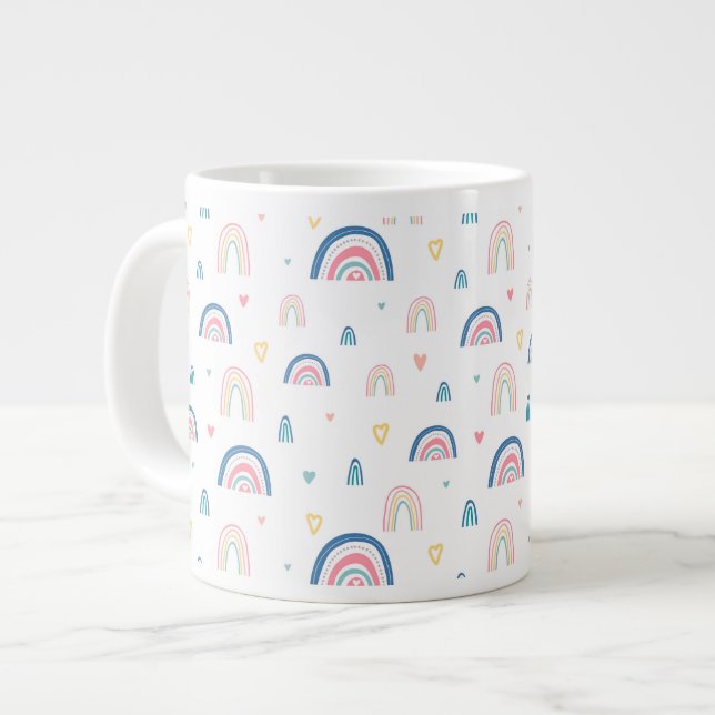 Cute Rainbows & Hearts Pattern Large Coffee Mug (Front Left)