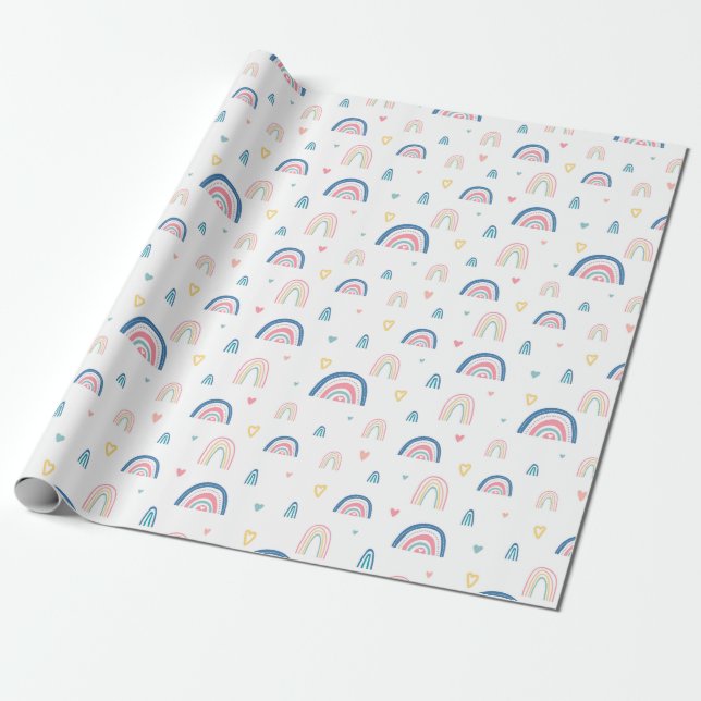 Cute Rainbows & Hearts Pattern Wrapping Paper (Unrolled)