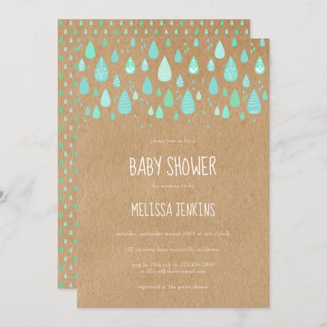 Cute Raindrops Baby Shower Rustic Kraft Boho Invitation (Front/Back)