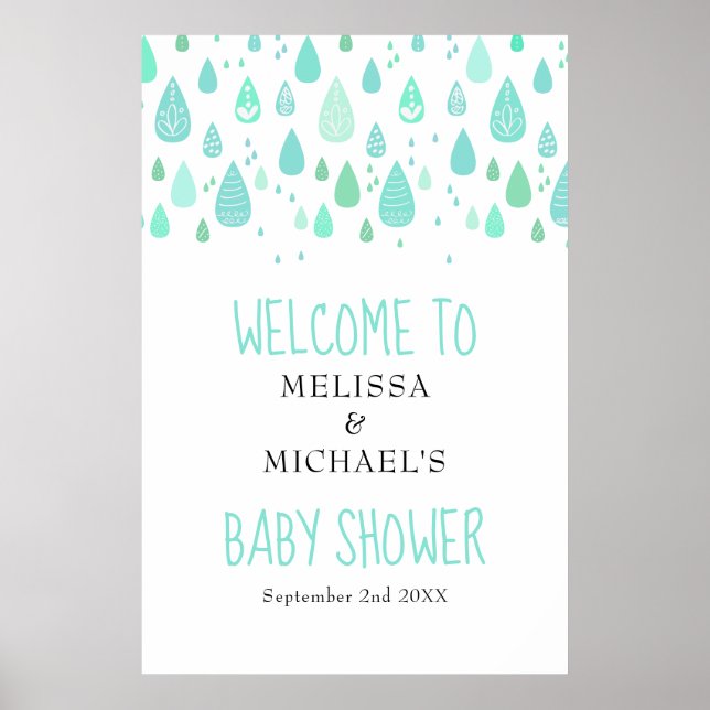 Cute Raindrops Baby Shower / Sprinkle Welcome Poster (Front)