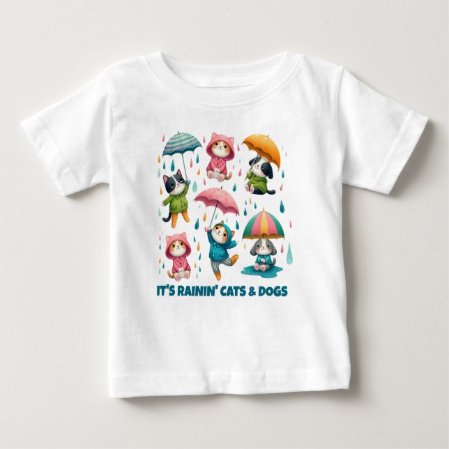 Cute Raining Cats and Dogs with Umbrellas Baby T-Shirt (Front)