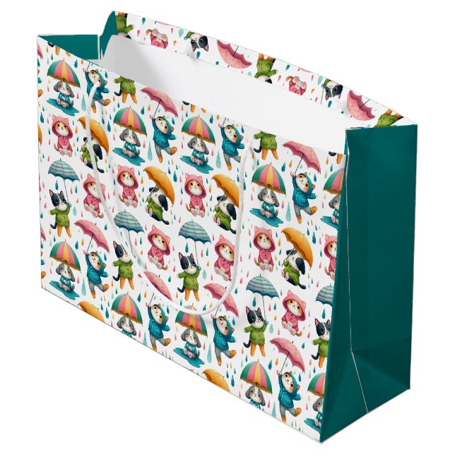 Cute Raining Cats and Dogs with Umbrellas Large Gift Bag (Back Angled)