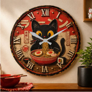 Cute Ramen Cat  Japanese Noodle Kawaii Anime Style Large Clock