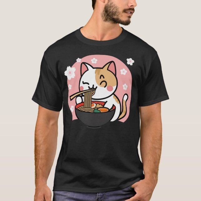 Cute Ramen Cat Kawaii Anime Sakura Pink T-Shirt (Front)