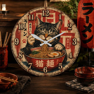 Cute Ramen Cat Large Clock