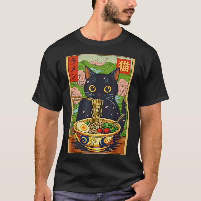 Cute Ramen Cat Nature Flowers Noodle Anime  T-Shirt (Front)