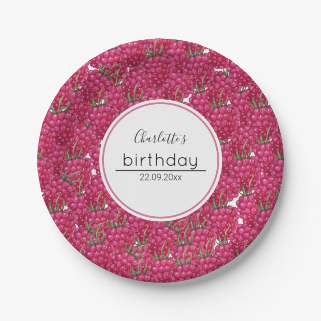 Cute Raspberries Birthday Party Watercolor Pattern Paper Plate (Front)