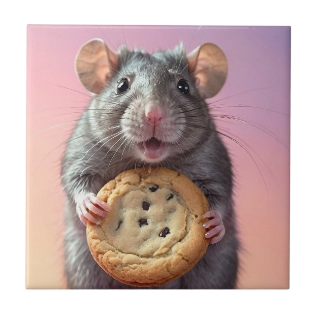 Cute Rat With Chocolate Chip Cookie Ceramic Tile (Front)