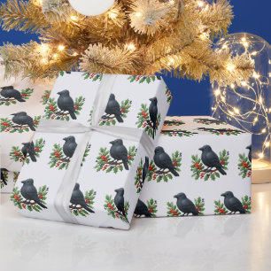 Cute Raven Holly Berries Woodland Christmas Wrapping Paper