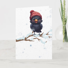 Cute Raven in a Christmas Beanie Holiday Card