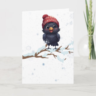 Cute Raven in a Christmas Beanie Holiday Card