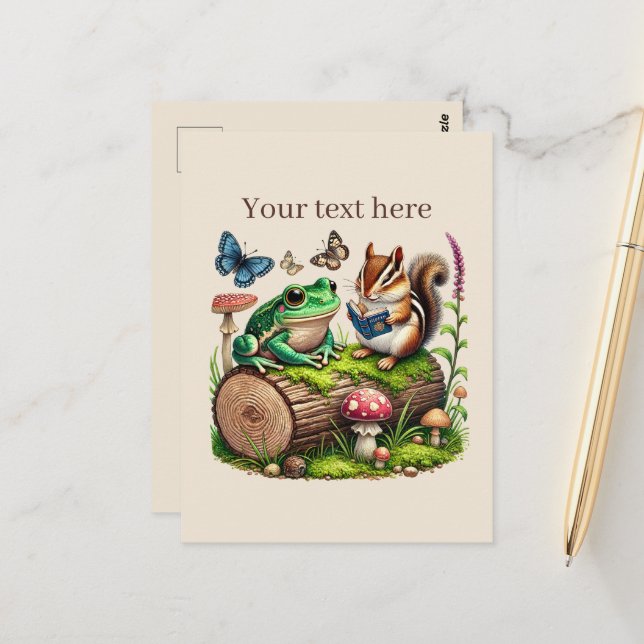 Cute reading animal lovers customisable postcard (Front/Back In Situ)