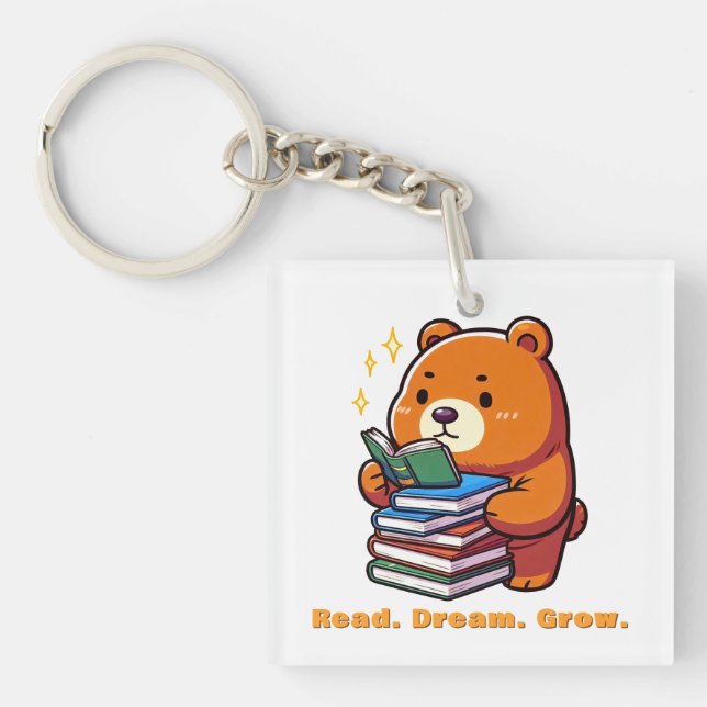 Cute Reading Bear with Books Kawaii Key Ring (Front)