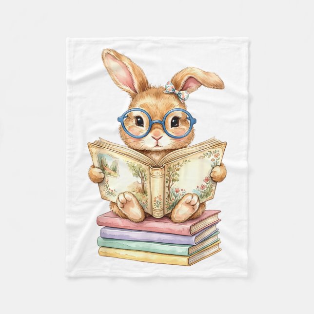 Cute Reading Bunny Easter Books Reader Teacher Fleece Blanket (Front)