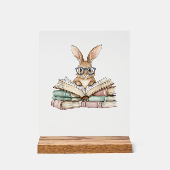 Cute Reading Bunny Glasses Books Bookworm Reader T Acrylic Sign (Front)