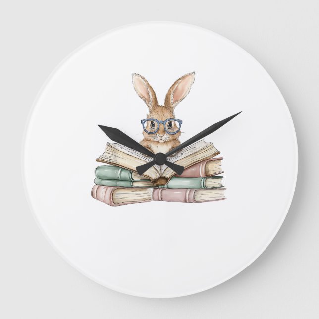 Cute Reading Bunny Glasses Books Bookworm Reader T Large Clock (Front)