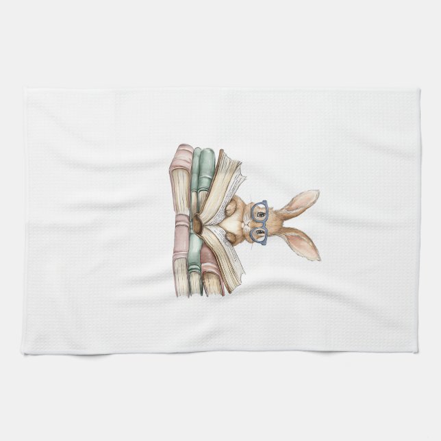 Cute Reading Bunny Glasses Books Bookworm Reader T Tea Towel (Horizontal)