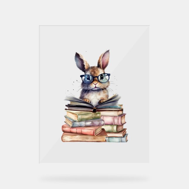 Cute Reading Bunny With Glasses Books Bookworm Rea Acrylic Sign (Front)