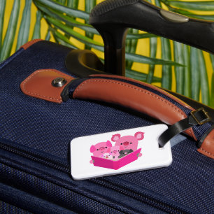 Cute Reading Cartoon Pig Family Luggage Tag