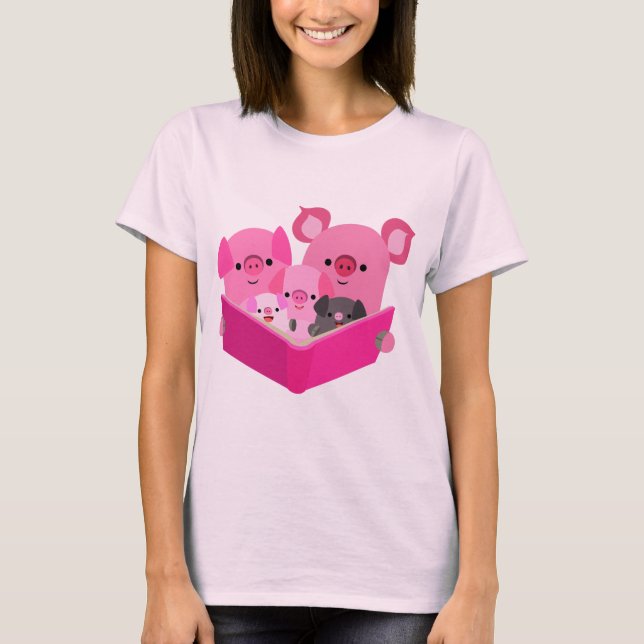 Cute Reading Cartoon Pig Family T-Shirt (Front)