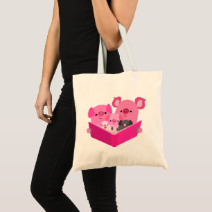 Cute Reading Cartoon Pig Family Tote Bag