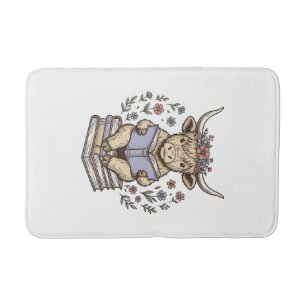 Cute Reading Cow Floral Book Stack Vintage Design_ Bath Mat