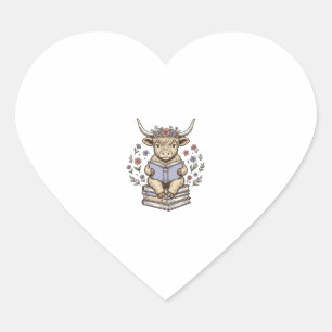 Cute Reading Cow Floral Book Stack Vintage Design_ Heart Sticker