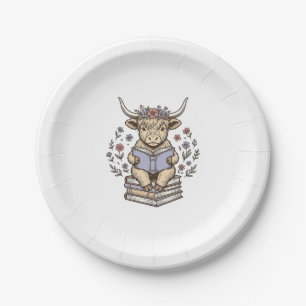 Cute Reading Cow Floral Book Stack Vintage Design_ Paper Plate