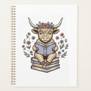 Cute Reading Cow Floral Book Stack Vintage Design_ Planner