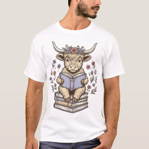 Cute Reading Cow Floral Book Stack Vintage Design_ T-Shirt
