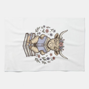 Cute Reading Cow Floral Book Stack Vintage Design_ Tea Towel