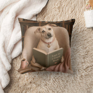 Cute Reading Dog Watercolor Library Illustration Cushion