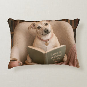 Cute Reading Dog Watercolor Library Illustration Decorative Cushion