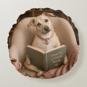 Cute Reading Dog Watercolor Library Illustration Round Cushion