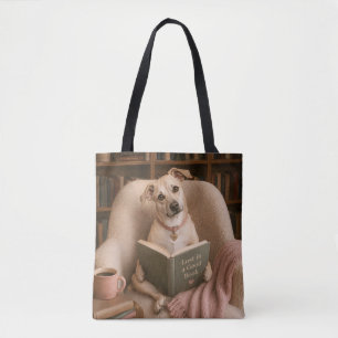 Cute Reading Dog Watercolor Library Illustration Tote Bag