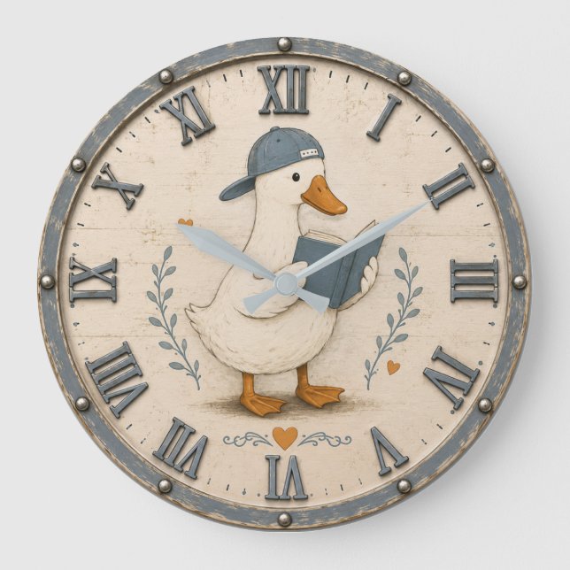 Cute Reading Duck Book Lover Whimsical Nursery  Large Clock (Front)