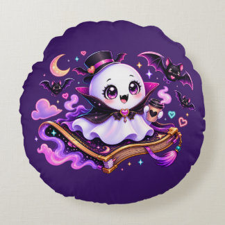 Cute Reading Ghost Halloween Round Cushion