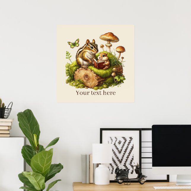 Cute reading nook woodland animals customisable poster (Home Office)