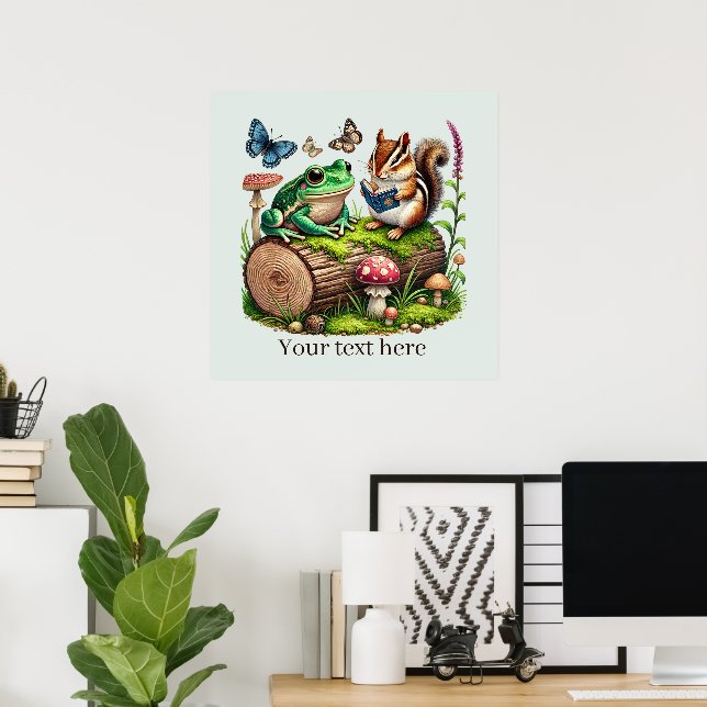 Cute reading nook woodland animals customisable poster (Home Office)