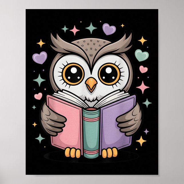 Cute Reading Owl Book Lover Teacher Librarian Book Poster (Front)