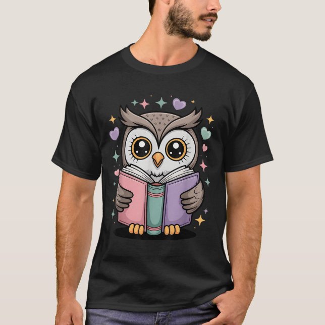 Cute Reading Owl Book Lover Teacher Librarian Book T-Shirt (Front)