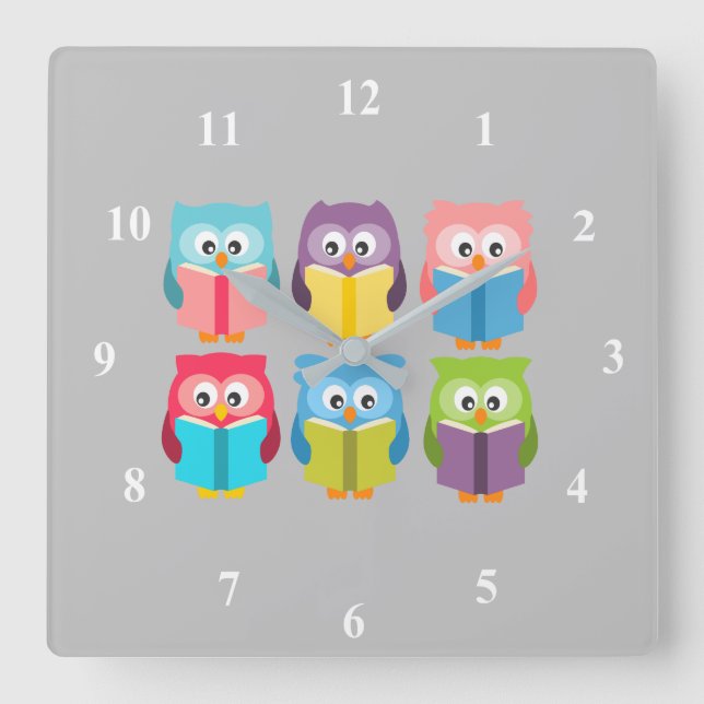 Cute reading owls square wall clock (Front)