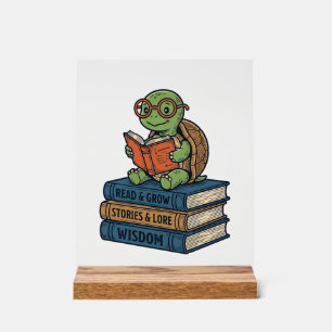 Cute Reading Turtle on Books Vintage Vector_1 Acrylic Sign