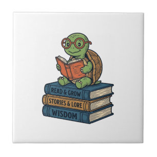 Cute Reading Turtle on Books Vintage Vector_1 Ceramic Tile
